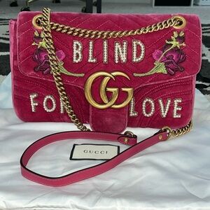 Gucci Pink Quilted Velvet Embroidered “Blind for Love” Medium Marmont Bag